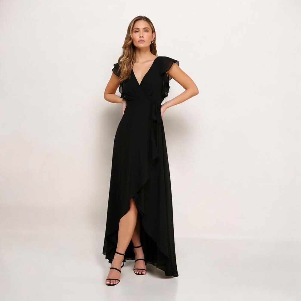 NWT Lulus | Ravishing Charm Black Ruffled Wrap High-Low Maxi Dress | Size Small